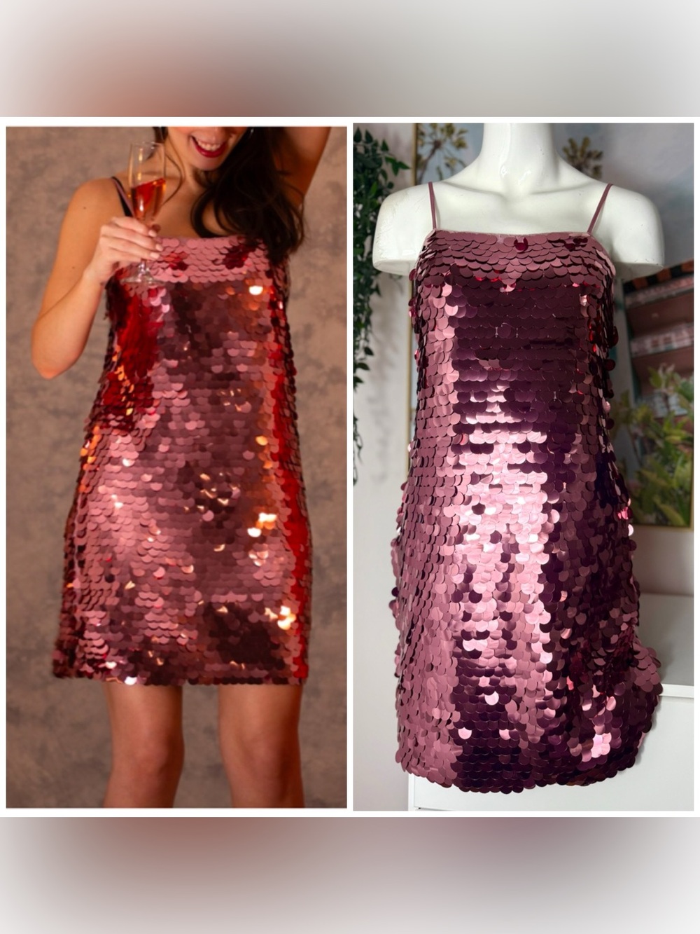 A New Day Metallic Rose Pink Sequins Paillette Shift Mini Dress Size Medium